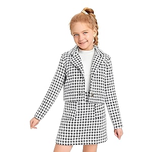 blood panther kid girl39s cotton blend printed modern lightweight sleeveless t-shirt with full sleeve blazer amp skirt 3 piece clothing set white - 7-8 year