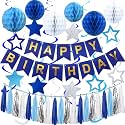 Blue Birthday Decorations, Happy Birthday Decorations with Banner, Honeycomb Balls, Stars Hanging Swirls, Paper Tassel Garland