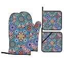 Blue Boho Oven Mitts and Pot Holders Sets - Colorful Bohemian Kitchen Mitts Potholders 4 Pack Heat Resistant Vibrant Floral Oven Gloves Hot Pads for Kitchen Baking Grilling Party