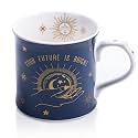 Blue Celestial Coffee Mug, "Your Future is Bright" Inspirational Theme Ceramic Mug, 12 oz New Bone China Mug with Tarot Symbols of Sun, Moon & Stars, Designed in England by Harvest Green Studio