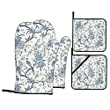 Blue Chinoiserie Oven Mitts and Pot Holders Sets - Navy Blue Kitchen Mitts Potholders 4 Pack Heat Resistant Hummingbird Floral Oven Gloves Hot Pads for Kitchen Baking Grilling Party