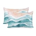 Blue Coastal Satin Pillowcases Standard Size Set of 2 Cooling Summer Sea Waves Silk Pillow Cases for Hair and Skin Soft Zippered Ombre Ocean Beach Teal Beige Throw Pillow Covers for Women Men 20"x26"