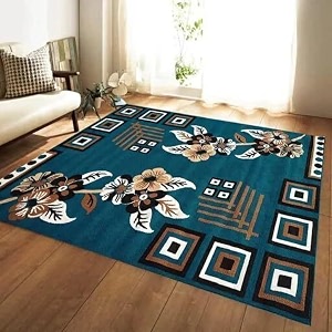 blue color area rug 5x7 feet - floral design living room carpet  anti-slip bedroom floor rug