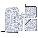 Blue Floral Oven Mitts and Pot Holders Sets - Vintage Kitchen Mitts Potholders 4 Pack Heat Resistant Light Blue Oven Gloves Hot Pads for Kitchen Baking Grilling Party