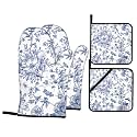 Blue Floral Oven Mitts and Pot Holders Sets - Spring Vintage Kitchen Mitts Potholders 4 Pack Heat Resistant Retro Chinoiserie Flower Oven Gloves Hot Pads for Kitchen Baking Grilling Party