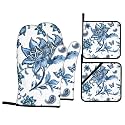 Blue Floral Oven Mitts and Pot Holders Sets - White Farmhouse Kitchen Mitts Potholders 4 Pack Heat Resistant Vintage Botanical Oven Gloves Hot Pads for Kitchen Baking Grilling Party