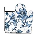 Blue Floral Oven Mitts and Pot Holders Sets - White Farmhouse Kitchen Mitts Potholders 2 Pack Heat Resistant Vintage Botanical Oven Gloves Hot Pads for Kitchen Baking Grilling Party