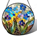 Blue Flower Stained Glass Window Hanging Suncatcher Gifts for Women 7.8"