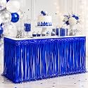 Blue Foil Fringe Table Skirt, 2 Pack, Metallic Tinsel Streamers, 29x108 In