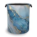 Blue Gold Marble Laundry Basket,Foldable with Handles Tote Bag Oxford Cloth for Bathroom Bedroom Dirty Clothes Storage Bucket 16" x 20.8"