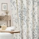 Blue Grey Floral Linen Shower Curtain, Cottagecore French Country, 72x72