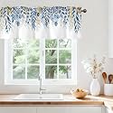 Blue Leaves Kitchen Valances for Windows, Rod Pocket Sheer 42x12 in