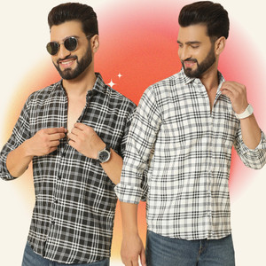 blue martin men regular fit checkered spread collar casual shirt pack of 2