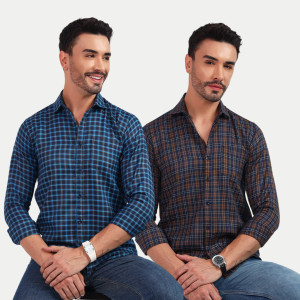 blue martin men regular fit checkered spread collar casual shirt pack of 2