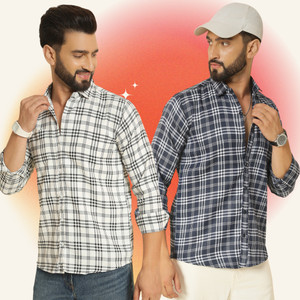 blue martin men regular fit checkered spread collar casual shirt pack of 2
