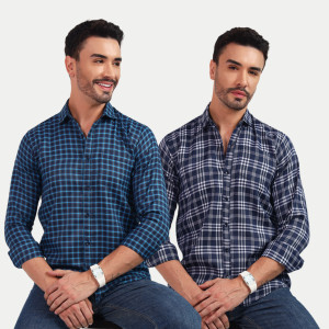 blue martin men regular fit checkered spread collar casual shirt pack of 2