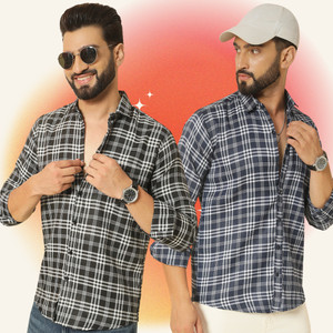 blue martin men regular fit checkered spread collar casual shirt pack of 2