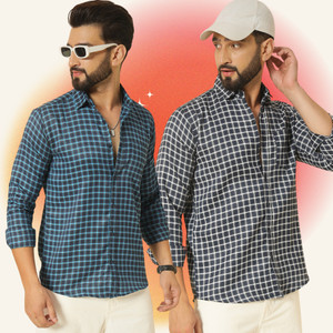 blue martin men regular fit checkered spread collar casual shirt pack of 2