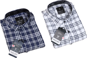 blue martin men checkered casual dark blue white shirt pack of 2