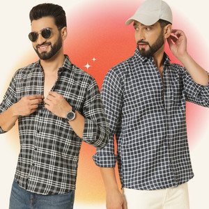 blue martin men regular fit checkered spread collar casual shirt pack of 2