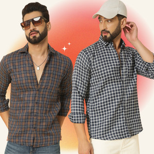 blue martin men regular fit checkered spread collar casual shirt pack of 2