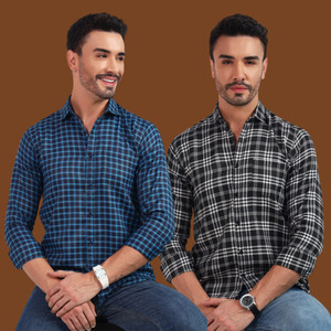 blue martin men regular fit checkered spread collar casual shirt pack of 2