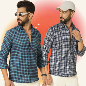blue martin men regular fit checkered spread collar casual shirt pack of 2