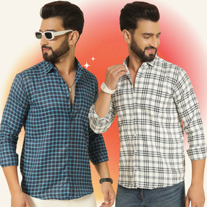 blue martin men regular fit checkered spread collar casual shirt pack of 2