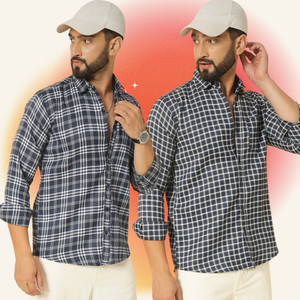 blue martin men regular fit checkered spread collar casual shirt pack of 2