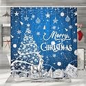 Blue Merry Christmas Shower Curtain, Winter Silver Glitter Bokeh Snowflake Xmas Tree Decor Bath Curtains, New Year Holiday Fabric Bathroom Accessories Set with Hooks, 72x72inch