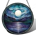 Blue Moon Lake Stained Glass Window Hanging Suncatcher Gift for Women 15"
