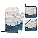 Blue Mountain Oven Mitts and Pot Holders Sets - Misty Forest Kitchen Mitts Potholders 4 Pack Heat Resistant Vintage Landscape Oven Gloves Hot Pads for Kitchen Baking Grilling Party