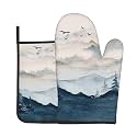 Blue Mountain Oven Mitts and Pot Holders Sets - Misty Forest Kitchen Mitts Potholders 2 Pack Heat Resistant Vintage Landscape Oven Gloves Hot Pads for Kitchen Baking Grilling Party