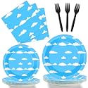 Blue Sky 96 Pc White Clouds Party Plates &amp; Napkins - Cartoon Story Tableware Set - Clouds Theme Decorations &amp; Favors for Girls &amp; Boys Birthday &amp; Baby Shower - Serves 24