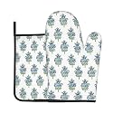Blue Teal Floral Oven Mitts and Pot Holders Sets - Block Print Kitchen Mitts Potholders 2 Pack Heat Resistant Vintage Floral Oven Gloves Hot Pads for Kitchen Baking Grilling Party Gift