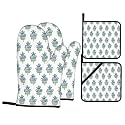 Blue Teal Floral Oven Mitts and Pot Holders Sets - Block Print Kitchen Mitts Potholders 4 Pack Heat Resistant Vintage Floral Oven Gloves Hot Pads for Kitchen Baking Grilling Party Gift