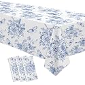 Blue and White Floral Party Tablecloth Decorations, Dusty Blue, 3 Pcs