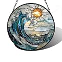 Blue and White Waves Stained Glass Window Hanging Suncatcher Gifts 7.8"