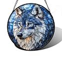 Blue Wolf Stained Glass Window Hanging Suncatcher Gifts for Women 7.8"