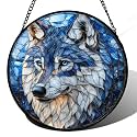 Blue Wolf Stained Glass Window Hanging Suncatcher Gifts for Women 15"