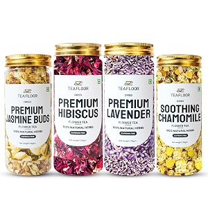 teafloor 4 in 1 combo - dried soothing chamomilepremium lavenderhibiscus amp jasmine buds flower tea antioxidant-rich tea for increasing immunity in a profusionno caffeine140 grams pack of 4