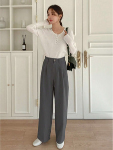 bluelock women straight fit grey cotton blend trousers