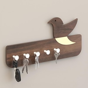 bluewud edell engineered wood wall mounted decor key holder hanger with 5 knobs and bird design for bedroom study living room home furniture brown maple