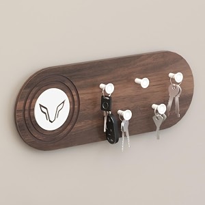 bluewud walore engineered wood wall mounted decor key holder hanger with 5 knobs with 3d wolf emblem for bedroom study living room home furniture brown maple