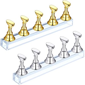 blulu 2 sets acrylic nail display stand - tip practice stand with magnetic holder for diy nail art and manicure tools gold and silver