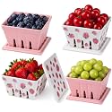 Blushtier 4 Pack Ceramic Berry Basket with Lids, Strawberry, Pink, White