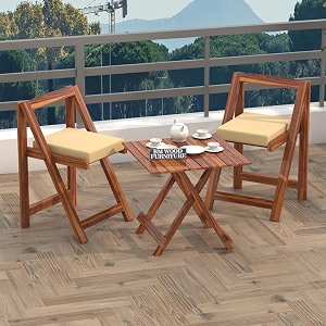 bm wood furniture sheesham wood standard foldable patio dining set for balcony garden and outdoor  2 chairs and square table  natural finish