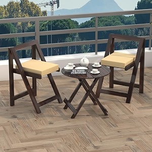 bm wood furniture sheesham wooden patio dining set foldable chairs and table for balcony garden and outdoor 2 seater with round table amp cushion-walnut finish
