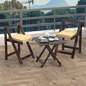 bm wood furniture sheesham wooden patio dining set foldable chairs and table for balcony garden and outdoor 2 seater with square table amp cushion-walnut finish