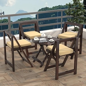 bm wood furniture sheesham wooden patio dining set foldable chairs and table for balcony garden and outdoor 4 seater with round table amp cushion-walnut finish